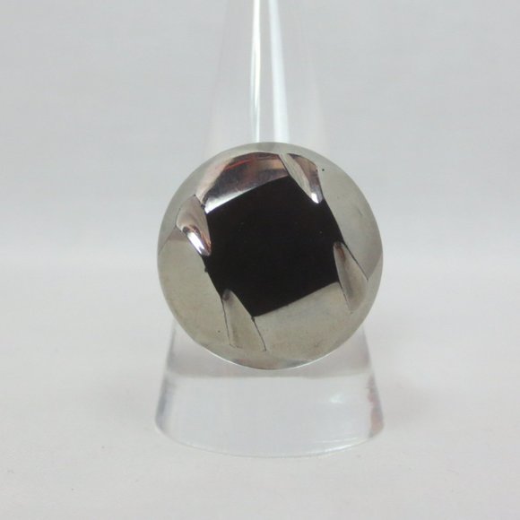 New Mod 60s Silver-tone & Black Glass Geometric Vintage Button Handmade Ring - Picture 2 of 9